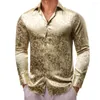 Erkekler Sıradan Gömlekler Erkekler İçin Lüks İpek Saten Kahverengi Çiçek Uzun Kollu İnce Uygun Erkek Bluzlar Yatak Yataklar Nefes Alabilir Giysiler