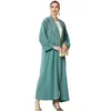 Etniska kläder Kvinnor Satin Silk Green Handmased Diamond Beading Luxury Dubai Muslim Bling Open Abaya Wide Sleeve Kimono Cardigan