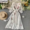 Casual Dresses Dress Women Sweet Floral Embroidered Sexy V-neck Lantern Sleeve Ladies Slim With Belt Bandage Long Robe Beach Vesti175S