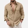 Camisas Casuales para Hombres Otoño Táctico Manga Larga Solapa Color Sólido Multibolsillos Trabajo Cargo Ocio Camisa Simple