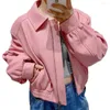 女性用革ヨロガイン高品質のピンクジャケット女性2023秋の大きい短い本物の爆撃機ストリートウェア