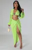 Work Dresses Sexy Green Two Pieces Skirt Set Women Long Sleeve Bandage Crop Top And Irregular Slit Midi Clubwear Suits