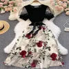 Casual jurken ftlzz zomer elegante vrouwen rozen borduurwerk midi jurk vintage dame kanten mesh patchwork floral print190j