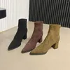 Bot ayak bileği kadınlar için kısa sivri uçlu streç çorap arka fermuar kalın yüksek topuklu siyah kahverengi parti pompaları 39