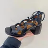 Sandals Fashion Hollow Out Casual Women Roman Retro Open Toe Square Heels Lace-Up Shoes Summer Ladies Hight Heel Black