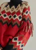 Swetry damskie Teelynn Long Rleeve Autumn zima ciepły świąteczny sweter vintage czerwony żakardowy dzianiny swetry kobiety boho tassle jumper 231007