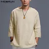 Incerun estilo chinês camisas dos homens manga longa dobrado com decote em v simples camiseta solta ajuste algodão topos homem roupas masculinas m2953