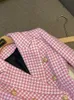 2023 Autumn Pink Houndstooth Panelled Blazers Long Sleeve Notched-Lapel Buttons Double-Breasted Outwear Coats O3O072106