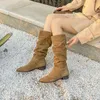 Botas mulheres camurça marrom longo salto alto ocidental cowboy enrugado 2023 moda feminina designer sapatos coxa