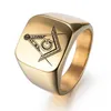 Retro Style Stainless Steel Ring Hip-hop Gold Men's Fashion mason Masonic Signet Rings With Black Mason Symbol Deep Clear239L