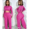 Women Fall Clothes New Fashion Open Button Long Sleeve Crop Top Long Pants Casual Two Pieces Set Wid Leg Pants