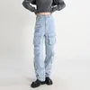 Jeans da donna Street Pantaloni con pannelli in denim per l'industria pesante personalizzati Abbigliamento Primavera Autunno Tasca grande con cerniera lavato vecchio