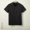 Herr t-skjortor kinesisk stil bomullslinne retro jacquard t-shirt stand-up krage kortärmad plattknapp