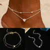 Anklets Bohemian Double Layer Heart Women Barefoot Sandals Foot Smycken Leg på ankelarmband för kvinnlig kedja