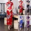 Ethnic Clothing Women Dress Chinese National Style Floral Print Stand Collar Short Sleeves High Side Split Knot Buttons Cheongsam