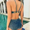 Women's Swimwear 2023 Summer Women Vintage Fashion Korea Ins Style Bellyband Jeans Neck High Waist Cover Belly Sexy Swimsuit Bikini