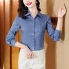 Camicette di moda di lusso blu a pois camicette da donna firmate in raso di seta camicia da passerella 2023 autunno inverno vintage risvolto camicia classica con bottoni ufficio lady chic taglie forti top