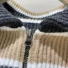 Women's Knits Women Cashmere Short Type Sweater Jacket Stripes Color Patchwork Turn-down Collar Long Sleeve Zipper Female Cardigan 2023 Fall