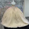 Champagne Shiny Quinceanera Dresses Sweet Princess Applique Lace Long Sleeved Ball Gown Birthday Party Gowns Cape Vestidos De 15
