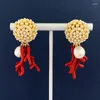 Boucles D'oreilles Clous Perle Blanche Double Perle Ronde Corail Rouge Plaqué Or Vintage Pour Femme