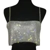 Kvinnors tankar 449B Kvinnor Glänsande Rhinestone Chain Tank Spaghetti Strap Backless Crop Top Sexig Silver Gold Color Vest för Night Club Party