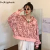 Kadın Hoodies Hikigawa Tatlı Pembe Leopar Baskı Kadınlar 2023 Ropa De Mujer Moda Zip-Up Ceket Gevşek Kısa Kısa Sweatshirts Üstler Femme