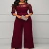 Women's Jumpsuits & Rompers Wide Leg Casual Overalls Sexy Women O-neck Solid Lace Elegant Straight Party Jumpsuit Loose273A