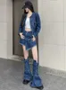 Vestido de dos piezas Adagirl Streetwear Blue Cowboy Tops Design Asimétrico Diseño Lace Up Mini Falda Autumn Tres Sets Womens Outfits 231007