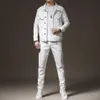 Весенне-осенние спортивные костюмы, белые эластичные джинсовые комплекты для мужчин, повседневная тонкая куртка с длинными рукавами и брюки, комплект из 2 предметов, размер M-5XL, мужской Clothi260D