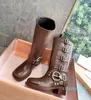 Bottes de cowboy de styliste pour femmes, chaussures hautes, marron, noir, blanc, bottes de motard en cuir, bottes martin à bout rond et à gros talons