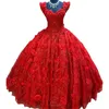 Robe de Quinceanera rouge de luxe à fleurs 3D, épaules dénudées, longueur au sol, robe de bal en dentelle pour 16 filles, soirée, événement formel, dos à lacets, grande taille