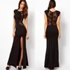Vintage Roben Kleid Spitze Split lange Kleider schwarzer Spitzenkleid Knöchellänge Frauen offener Körpercon Kleider255l
