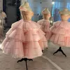 Party Dresses Pink Tea Length Tutu Clound Prom Off The Shoulder Beaded Boning Lace-up Corset Top Princess Arabic Evening Dress Wea210S