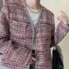 Damenjacken Vintage Mischfarbe Tweedjacke V-Ausschnitt Metallknopf Langarm Top Koreanische elegante Freizeitmäntel 2023 Herbst Winterkleidung