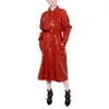 Women's Trench Coats Women Fashion With Belt Vinyl PVC Leather Elegant Chic Turn-down Collar Long Sleeve Pockets Coat Female Wetlook