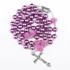 Pendentif Colliers Violet Imitation Perle Rose Catholique Rosaire Collier Croix Vierge Religieux1871