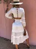 Casual Dresses Sexy V-Neck Hollow Out Long Sleeve Maxi Dress Elegant White Lace Patchwork Slim Women Pleated A-Line Party