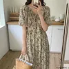 Partykleider Koreanisches schickes Kleid Elegantes Temperament 2023 Blumendruck Urlaub V-Ausschnitt A-Linie Schnürfliege Retro Vintage lang