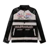 Herrenjacken American Street Racing Jacke Buchstabenstickerei Gespleißtes PU-Leder Motorrad Bomber Lose Bf Vielseitiger Knopfmantel