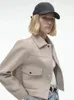 여성용 재킷 2023 스프링 가을 버튼 턴 다운 고리 야구 재킷 짧은 패션 단단한 아웃웨어 주머니 231009