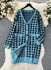 Work Dresses SINGREINY Houndstooth Knitted Dress Suits Women Loose Long Cardigans Strap Thick Streetwear Plaid Warm Sweater Sets