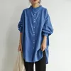 Blusas femininas vintage camisa de manga comprida outono casual solto encaixe cor sólida cardigan único breasted gola alta topo