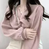 Mulheres Camisetas Manga Longa Camisetas Mulheres Dobras Temperamento Doce Outono Irregular Fêmeas Quente Suave Coreano Na moda Chegada Elegante Casual