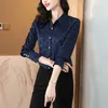 2023 Fashion Floral Blue Bluses Luxury Designer Kvinnor Långärmad Silk Satin Bluses Autumn Winter Lapel Classic Button Up Shirt Office Lady Graphic Tops Plus Size