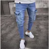 Multi poche hommes déchiré jean maigre détruit effiloché Slim Fit Denim pantalon décontracté hommes trou mince fermeture éclair nostalgique bleu jeans pantalon307i