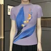 女性のTシャツプリーツ風のチャイムフラワーショートスリーブシャツ2023サマーラインスリムフィットファッションプレスプリントTシャツ