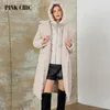Women's Trench Coats PINK CHIC 2023 Winter Coat Women Down Jackets Quilted Faux Fur Hooded Long Version Parka Female W8263