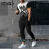 Męskie dresy letnie mężczyźni solidny kolor T-shirt Set Fashion K Print Tracksuit 2 sztuki swobodne odzież Męska Owczesna odzież uliczna 231009