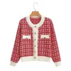 Women's Sweaters Early Autumn Sweater Women Knitted Cardigan Year Spring and Autumn Checker Red Small Fragrant Coat O Neck Sweater 231009