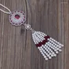 Pendant Necklaces Boho Bohemia White Pearl Beaded Tassel With Silvery Wine Red Dark Blue CZ Crystal Charm Beads Chain Women Necklace Gift